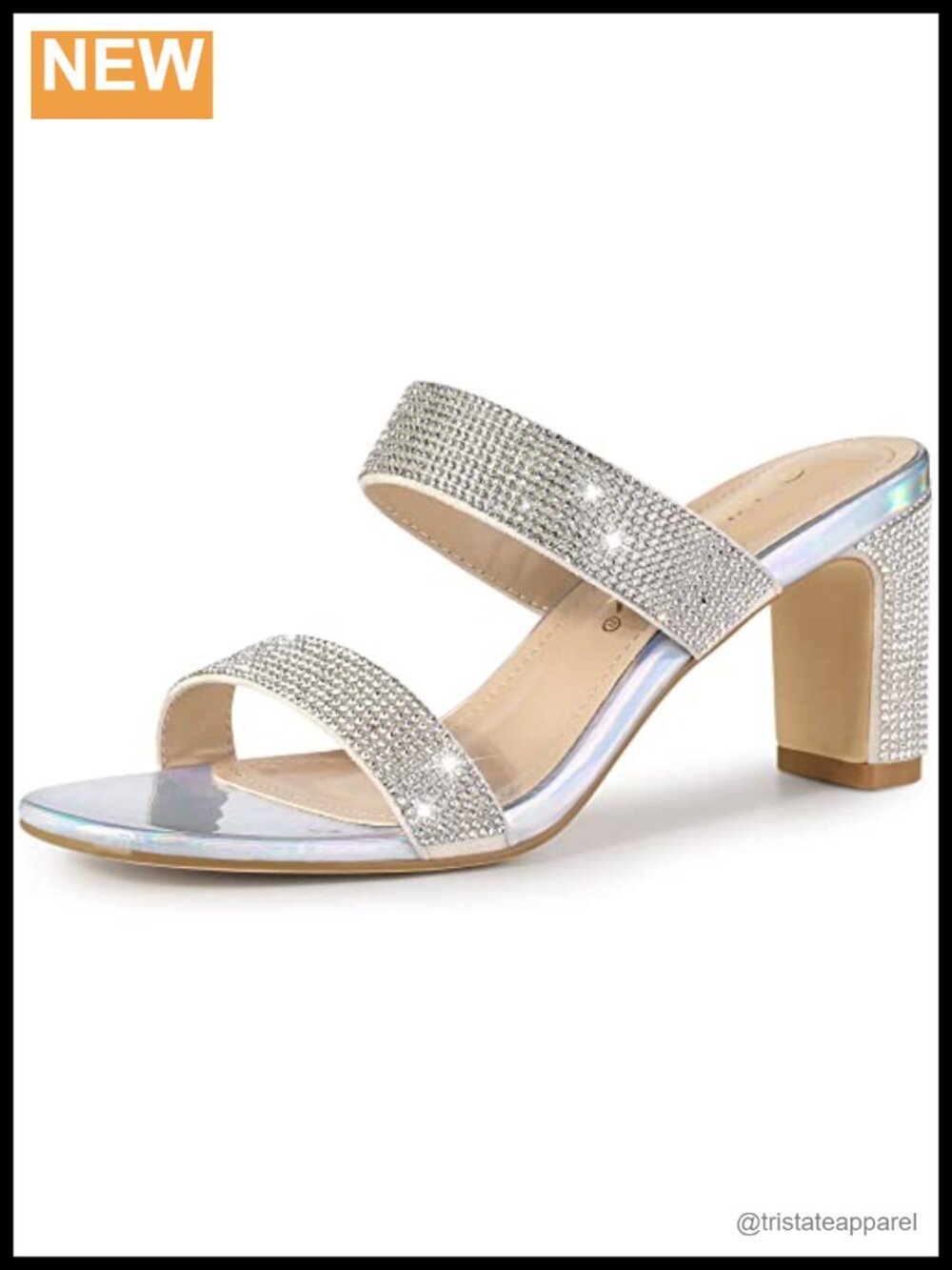 Rhinestone Square Toe Chunky Block Heel Slide Sandals